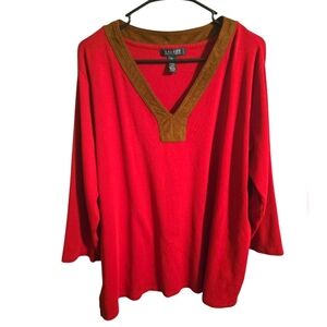 Women's Lauren Ralph Lauren Red Blouse, v-neck, side slits, faux suede trim, 3X